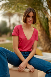 T-shirt col V fuchsia - Elvie