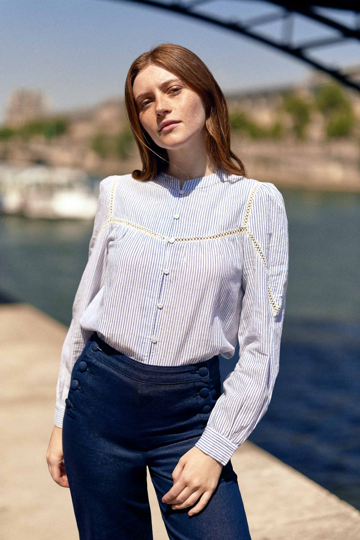 Blouse droite écru/bleu - Bayen