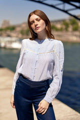 Blouse droite écru/bleu - Bayen