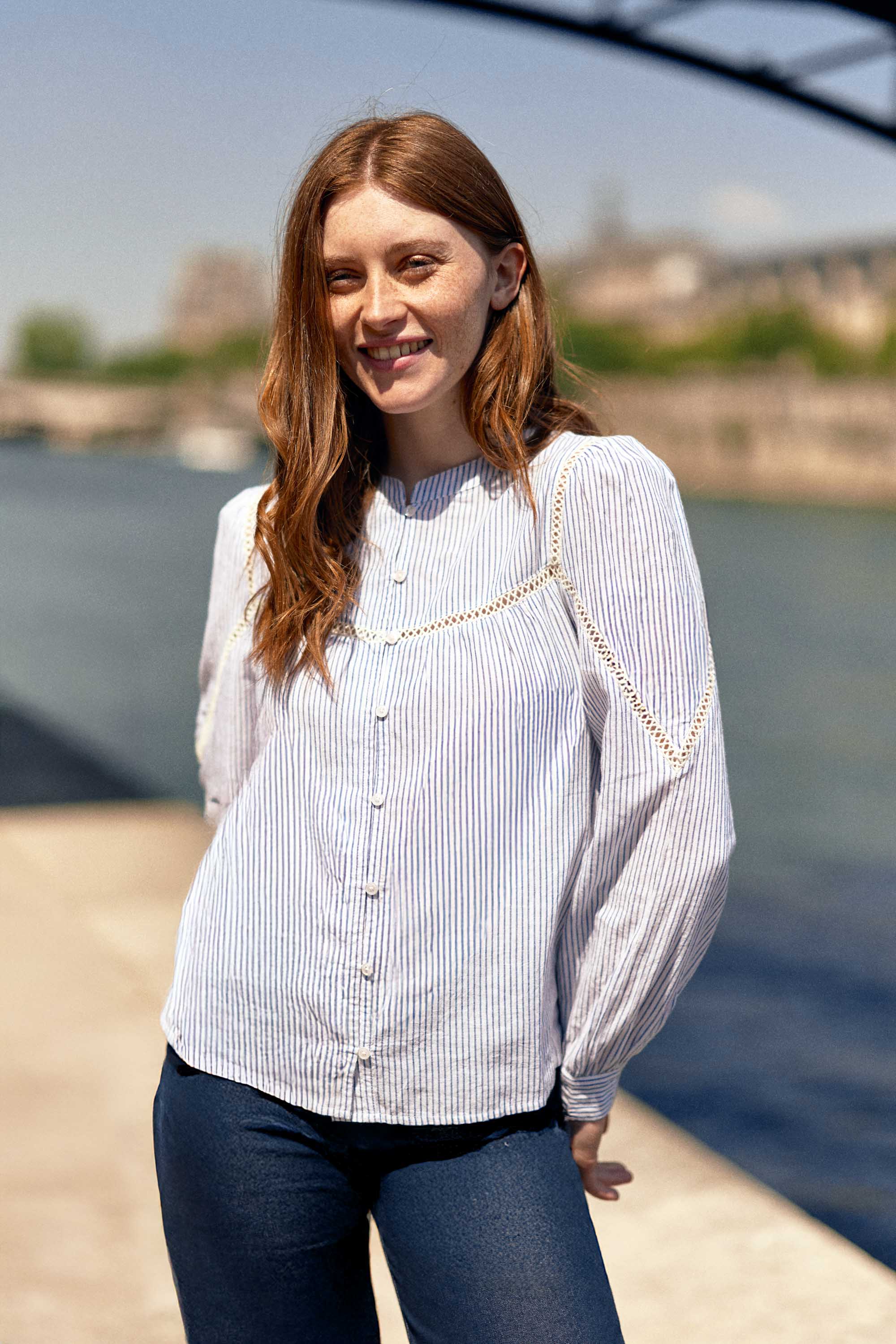 Blouse droite écru/bleu - Bayen