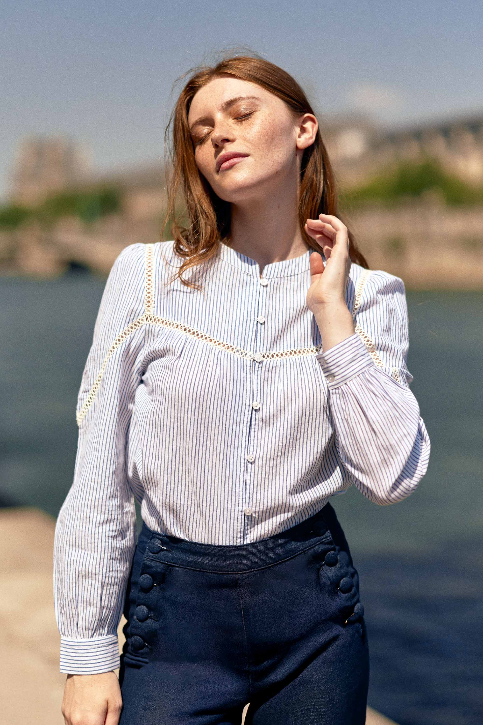 Blouse droite écru/bleu - Bayen