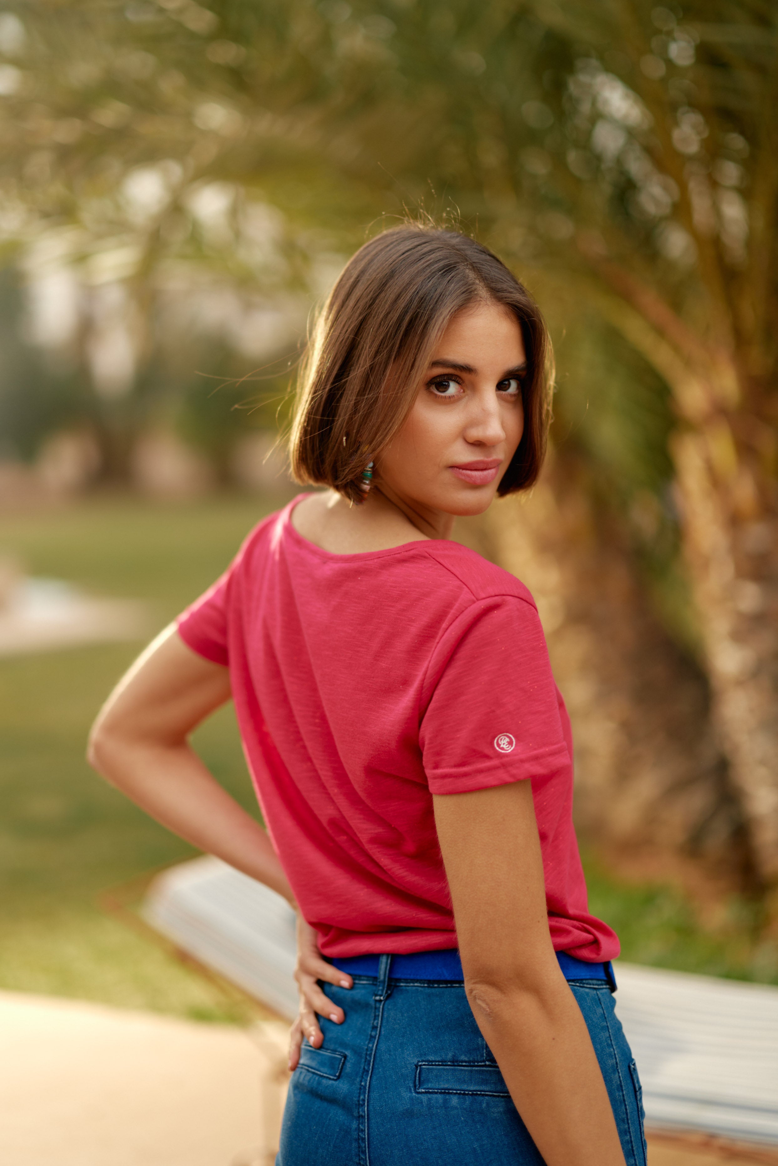 T-shirt col V fuchsia - Elvie