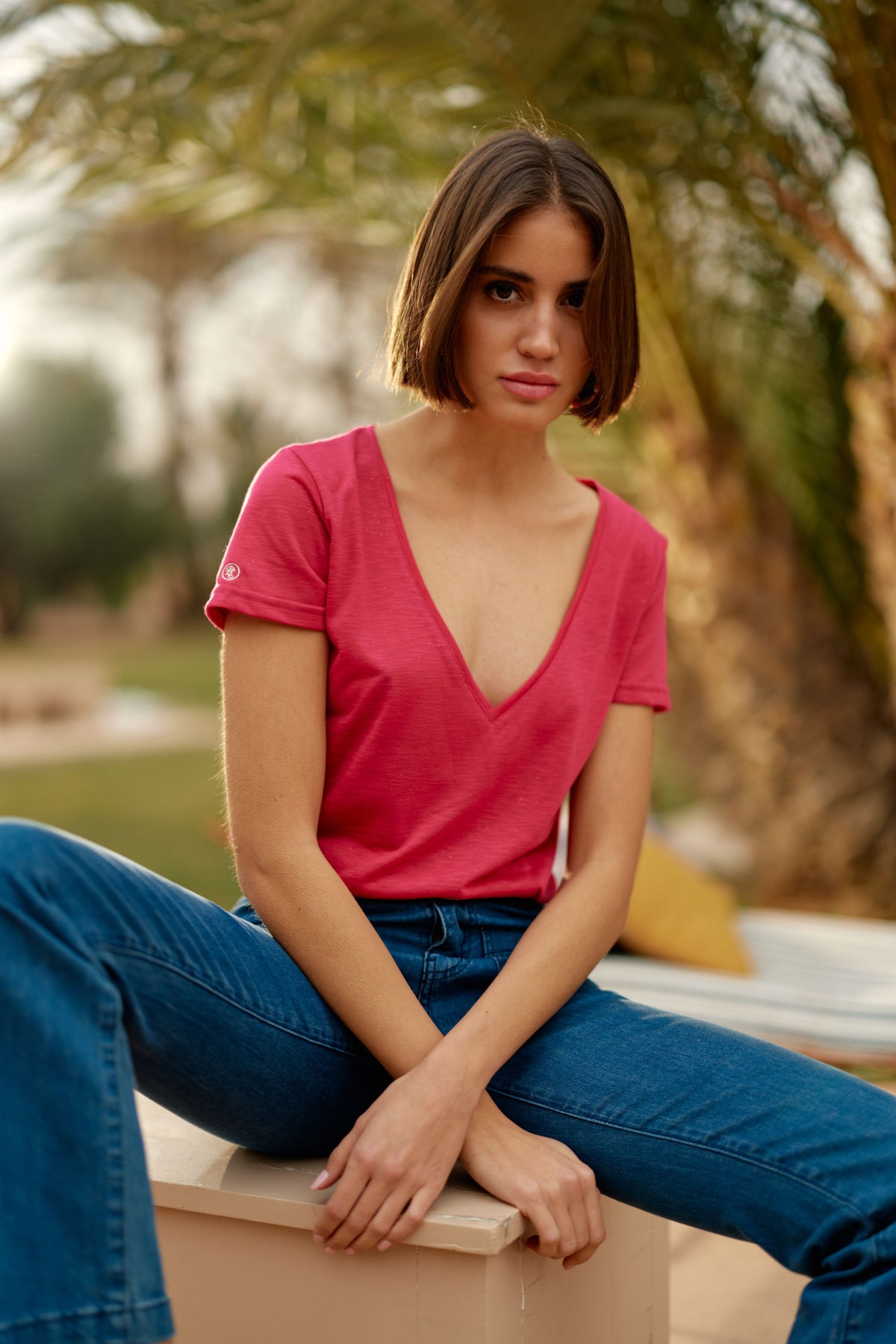 T-shirt col V fuchsia - Elvie