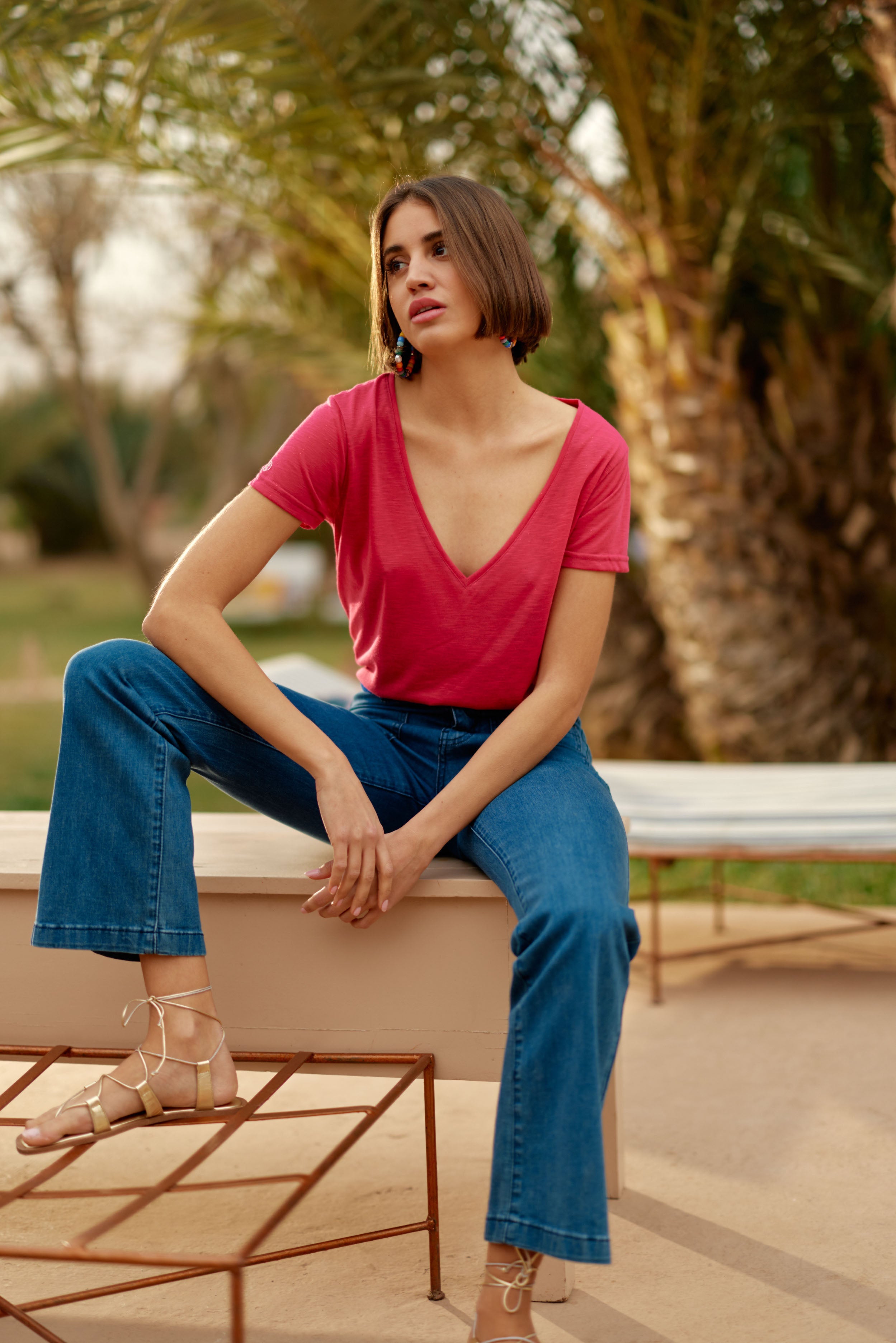 T-shirt col V fuchsia - Elvie