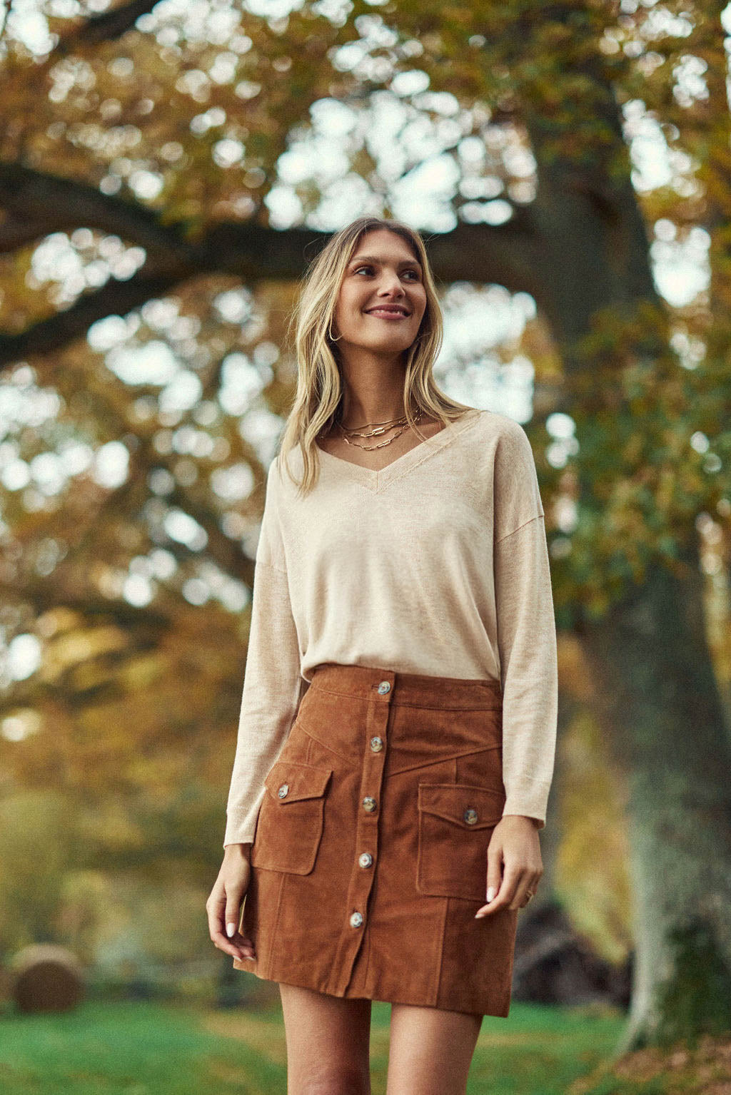 Jupe courte en cuir camel - Joely