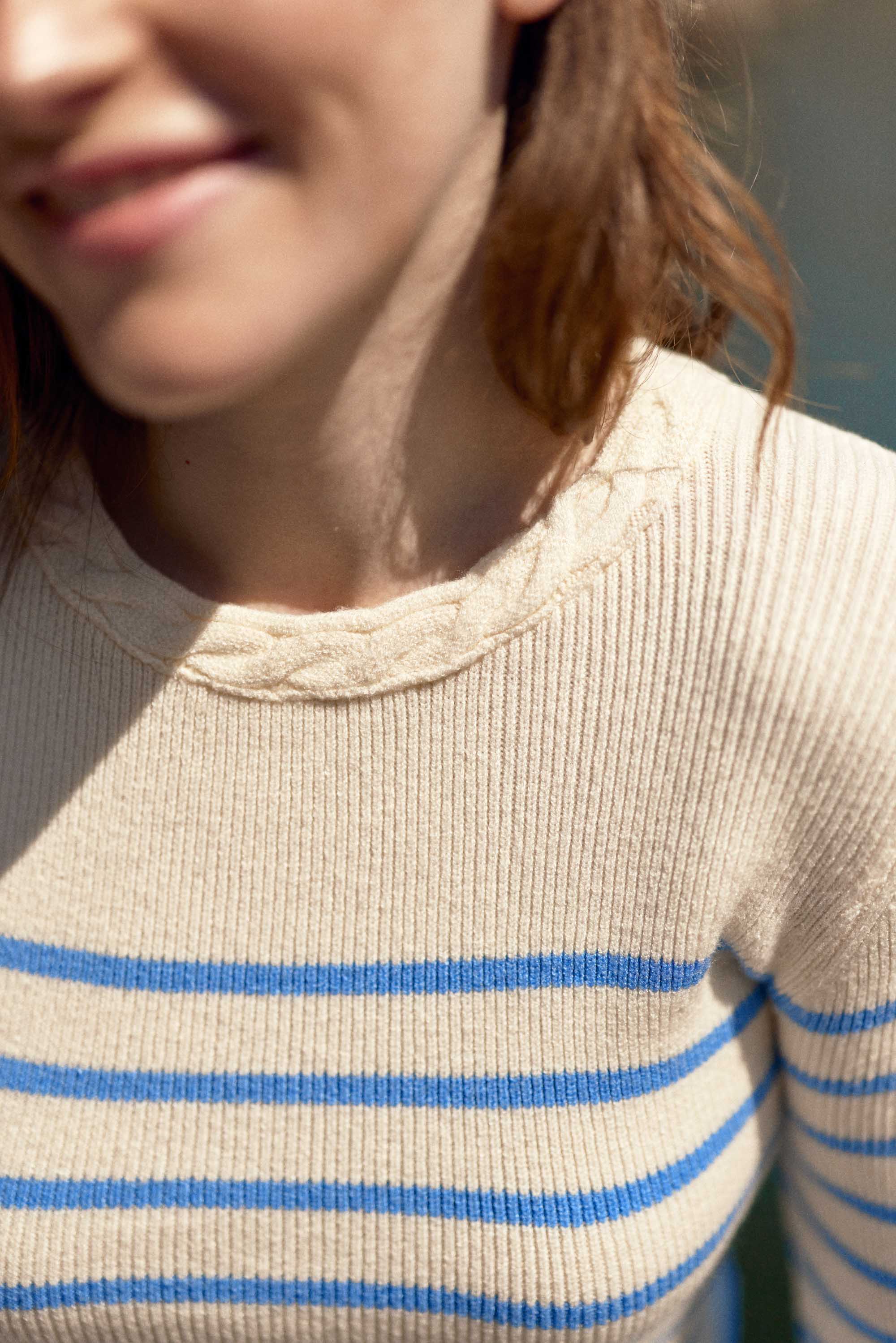 Pull manches longues à rayures écru/ciel - Manel