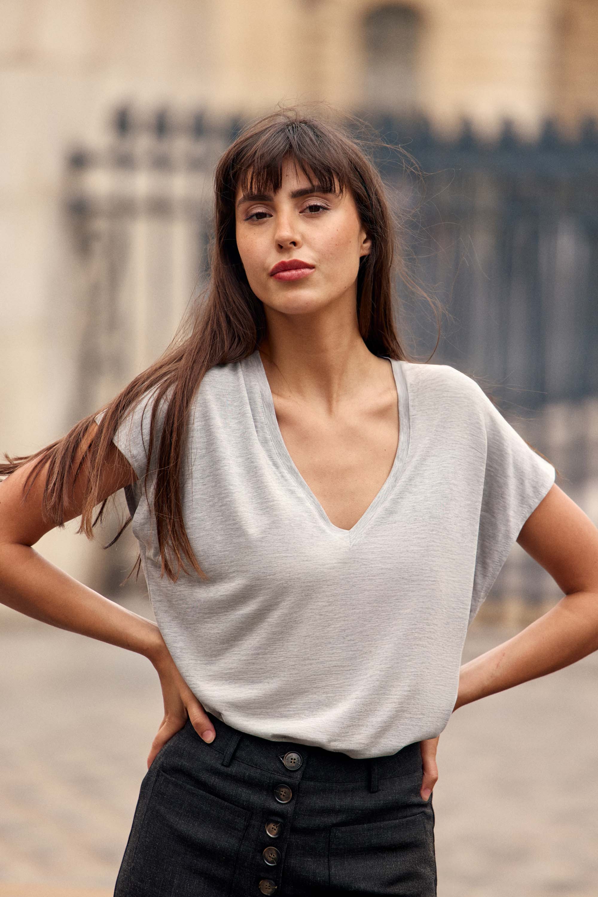 T-shirt col V gris chiné - Marcelina