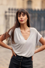 T-shirt col V gris chiné - Marcelina