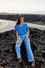 T-shirt col V bleu - Thana